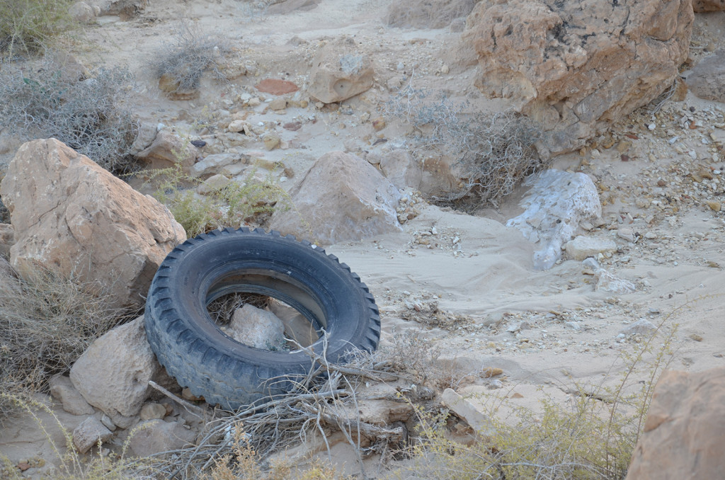 traktorová pneu kdesi v Negevské poušti
