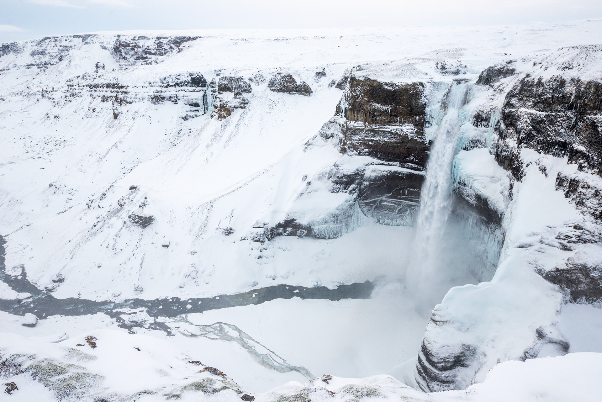 haifoss during the cold snowy winter icelandic days
