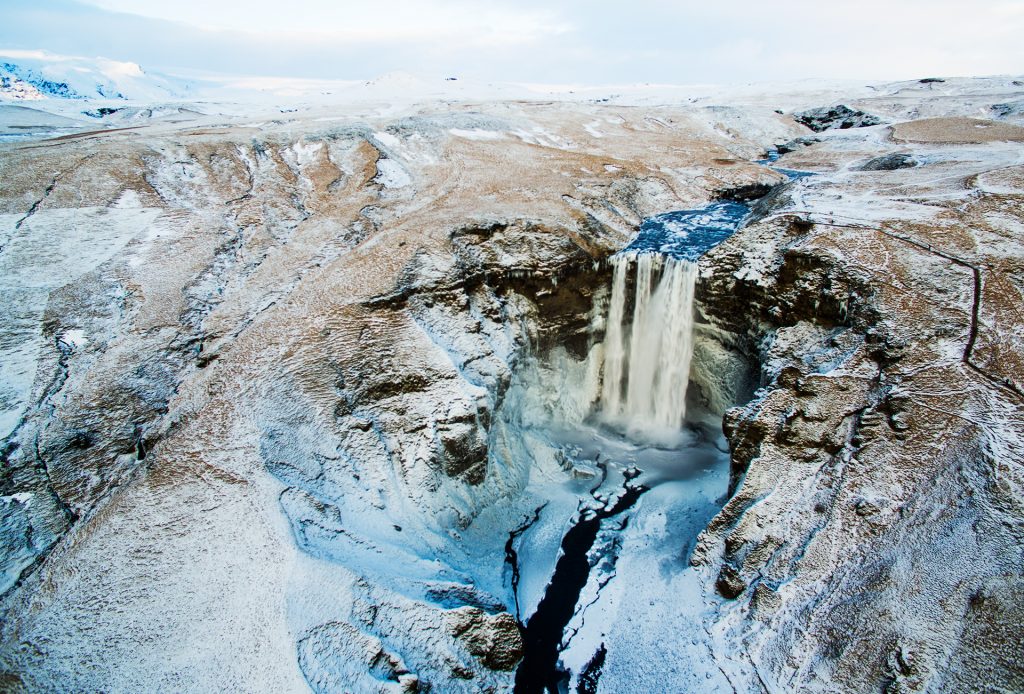 iceland skogafoss winter aerial view